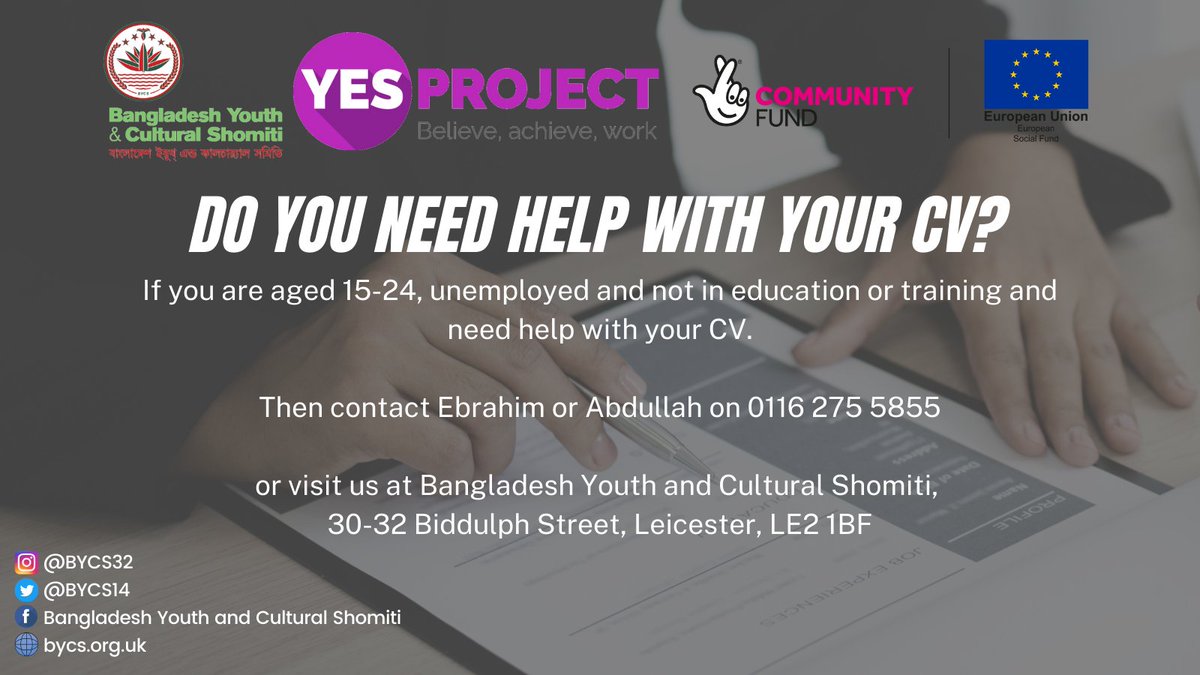 BYCS14's tweet photo. If you are aged 15-24, unemployed and not in education or training and need help with a CV.

Then contact us on 0116 275 5855

#YESProject #Leicester #Employabilityskills #Employability https://t.co/1QCVOQL25b