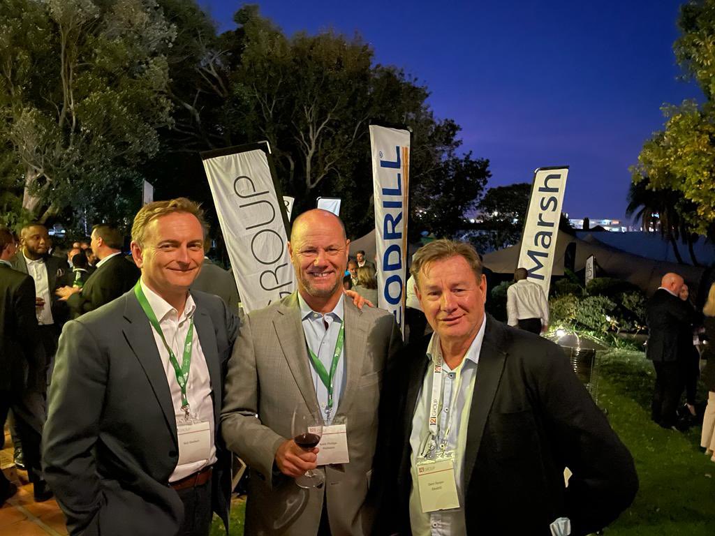 Geodrill_GH's tweet photo. What a spectacular time in Capetown! @AtlanticLithium chairman Neil Herbert left, @PiedmontLithium CEO Keith Phillips middle & Geodrill CEO Dave Harper catch up! @Investinmining #121 #indaba22 https://t.co/iEDeQQTNkL