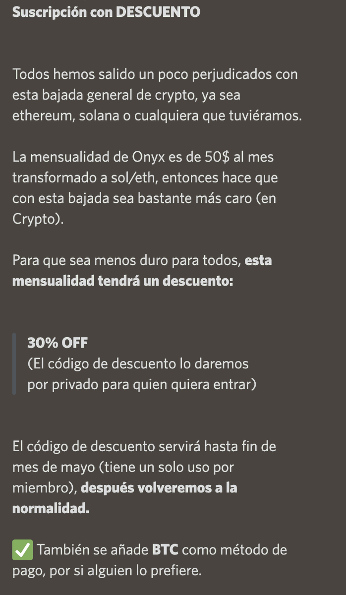 Tenemos novedades importantes sobre la mensualidad de Onyx y la situación actual:

1️⃣ Aceptamos BTC (se siguen aceptando SOL y ETH)
2️⃣ Hasta fin de mes activamos un descuento de un 30% ya sea para renovaciones o nuevos miembros
3️⃣ Haremos restock público el DOMINGO 01.05

❤️🤝
