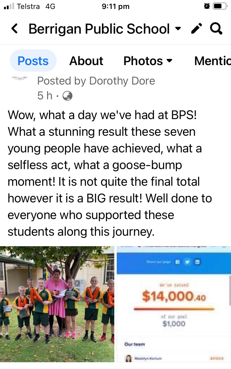 dotdore's tweet photo. Outstanding effort by Berrigan Public School community - students, parents and grandparents, teachers and peers! 14K raised by 7 selfless kids, loosing their locks for a great cause #shaveforacure https://t.co/2N5X5jAyLC