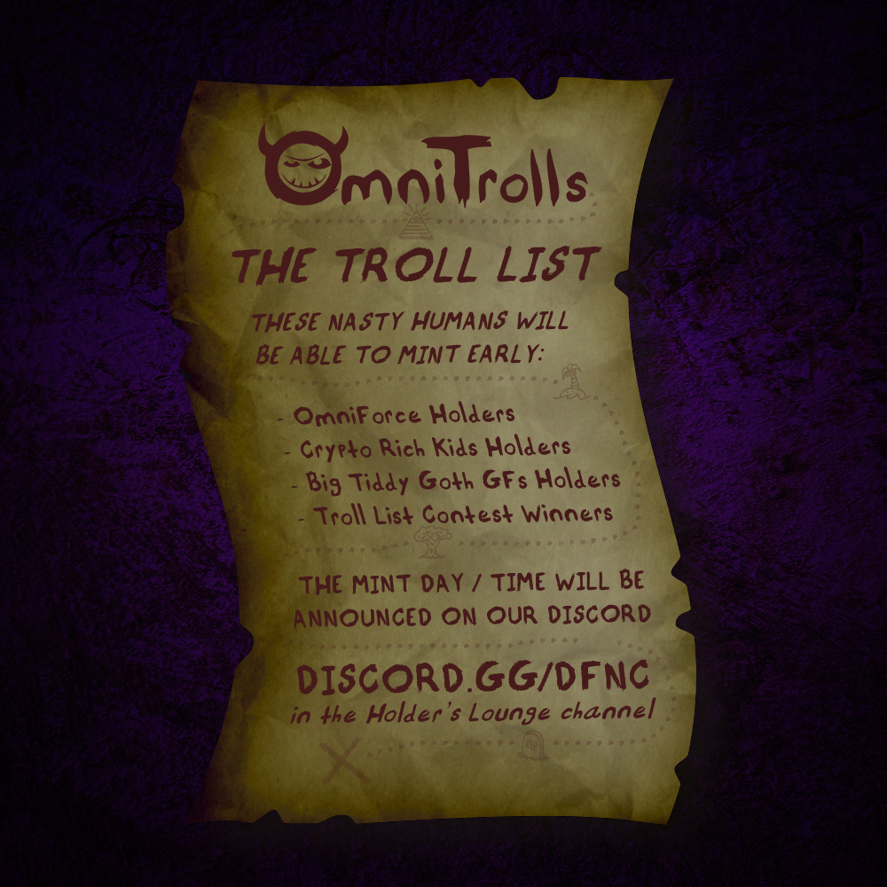 Who wants a spot on the Troll List?

Only these nasty humans will be allowed to join the Troll List and mint early:

👊 <a href="/OmniForceNFT/">OmniForce | OmniChain (FREE MINT)</a> holders...
🖤 <a href="/BigTiddyGothNFT/">BigTiddyGothGFs</a> holders...
💸 #CryptoRichKids holders...
🚨 And Troll List contest winners!