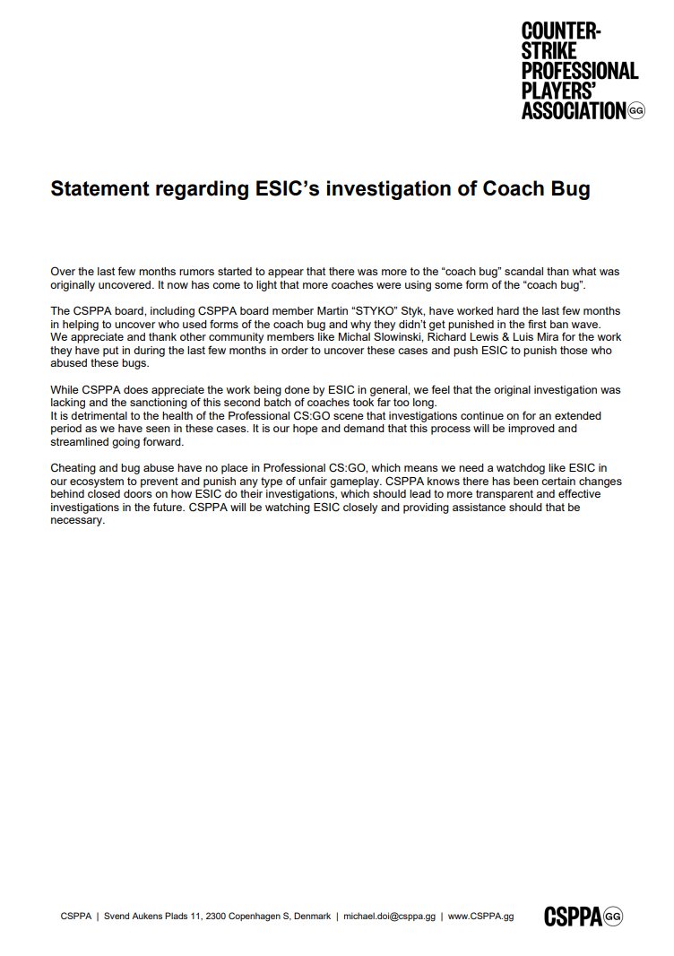 Statement regarding <a href="/ESIC_Official/">ESIC</a>'s investigation of the Coach Bug.