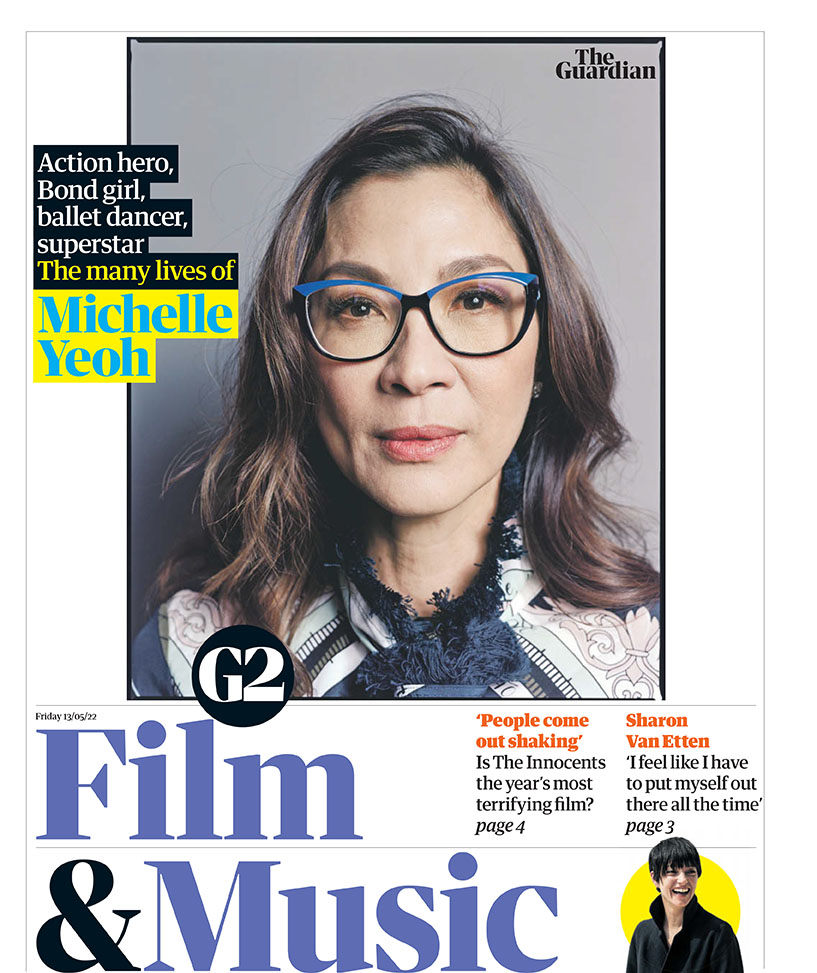 Michelle Yeoh by Celeste Loman / New York Times / <a href="/reduxpictures/">Redux Pictures</a>  / <a href="/eyevine/">eyevine</a>  on the cover of The Guardian: G2 Film &amp; Music.