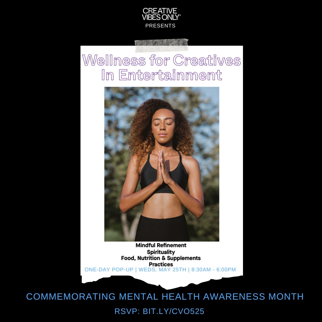 CreativeVibesO's tweet photo. Happy Friday! What have you done for your mind lately? 

RSVP to join us for the #CreativeVibesOnly Wellness for Creatives in Entertainment on Wednesay, May 25th and learn some tools to increase your wellness all year round! #CreativeVibesOnly 

https://t.co/PeFFtxmVQN https://t.co/jstLiX5Bli