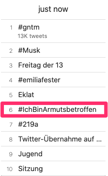sorgeweniger's tweet photo. Innerhalb der vergangenen 18 Stunden von Platz 2 in den #Twittertrends auf Platz 6. Los, los, los RT und schreibt, was das Zeug hält. Da geht noch mehr! #IchBinArmutsbetroffen https://t.co/FLz0oneStn