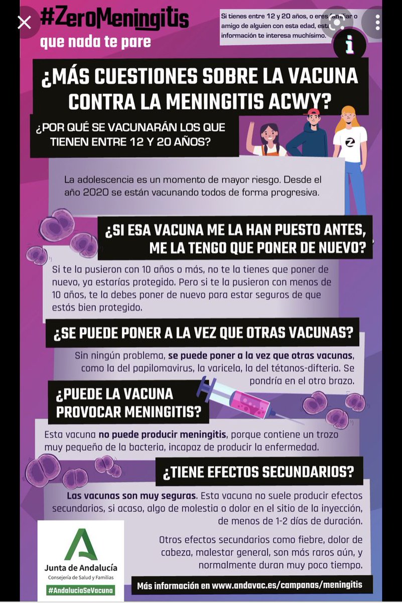 CSPuertoTorre's tweet photo. ⁉️Tienes hijos 🧒🏻 entre 12 y 18 ?
Si es así, revisa en su calendario si están vacunados contra las meningitis ACW e Y( Nimenrix).Si no lo están, pide cita para vacunarlos , o acude sin cita a la c. 9 del centro los miércoles por la tarde de 17 a 19h. consigamos  #MeningitisZero https://t.co/Y4AuLkBoxo