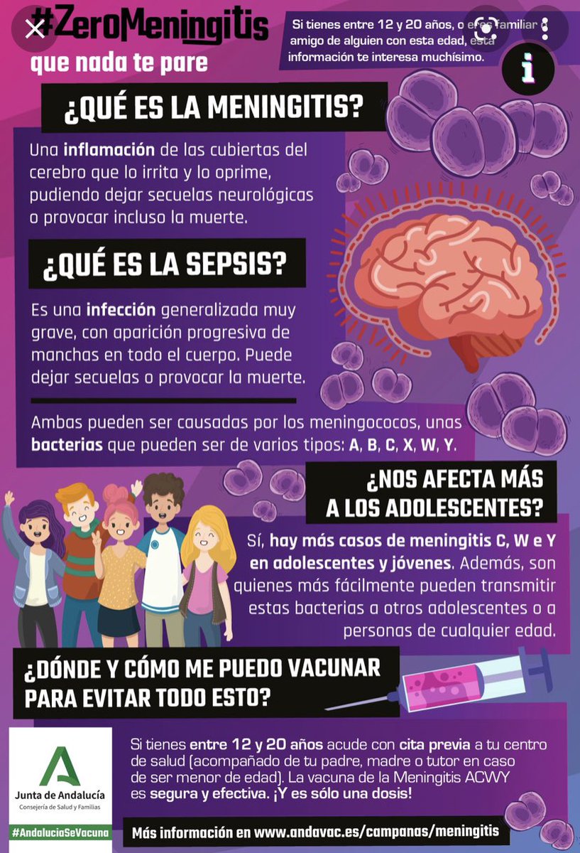 CSPuertoTorre's tweet photo. ⁉️Tienes hijos 🧒🏻 entre 12 y 18 ?
Si es así, revisa en su calendario si están vacunados contra las meningitis ACW e Y( Nimenrix).Si no lo están, pide cita para vacunarlos , o acude sin cita a la c. 9 del centro los miércoles por la tarde de 17 a 19h. consigamos  #MeningitisZero https://t.co/Y4AuLkBoxo