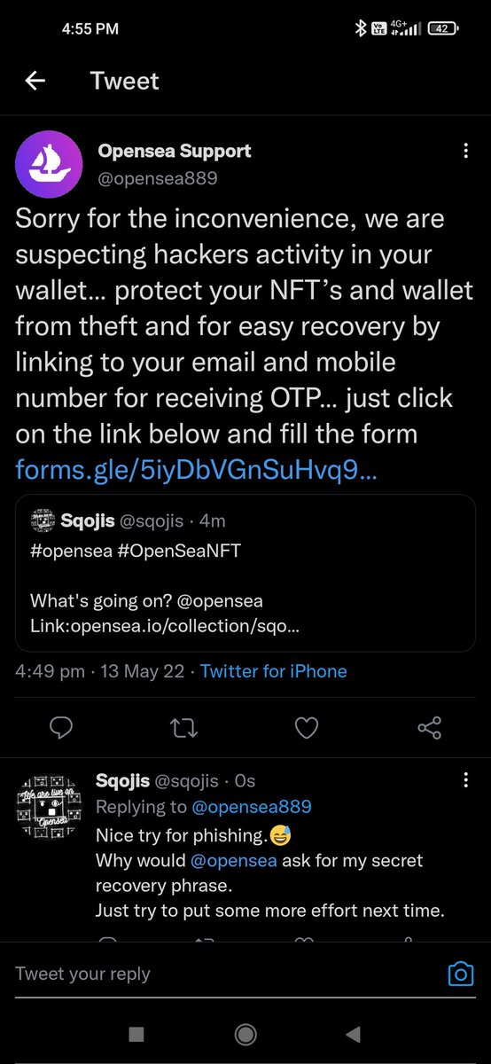 sqojis's tweet photo. #NFTCommunity be aware of scammers and also of the fools who try to scam 😅 https://t.co/zOWtEQxrYF