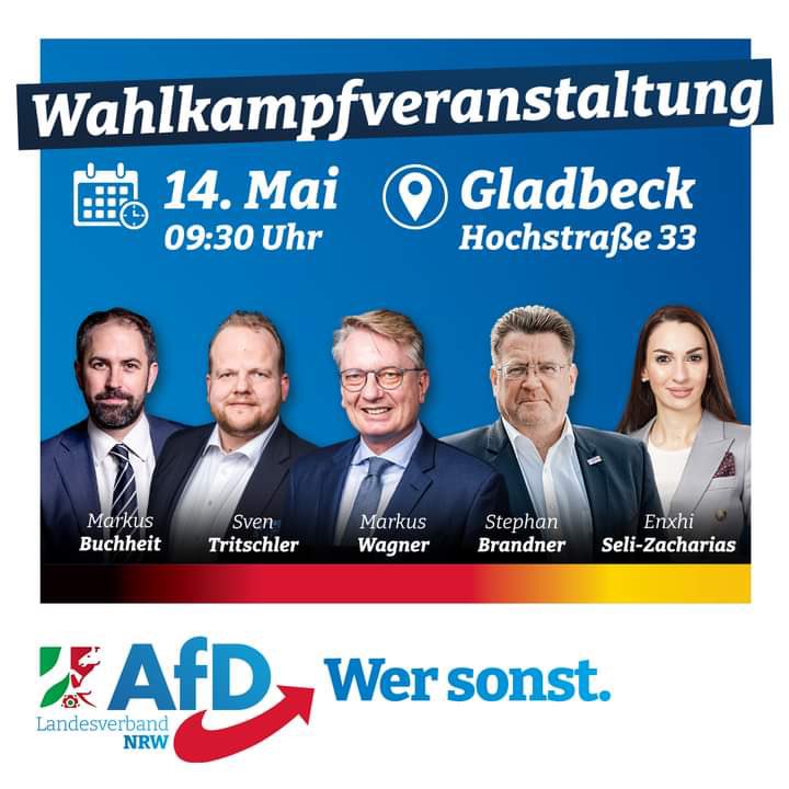 Die Vorfreude in #Gladbeck steigt. Morgen ist es so weit! <a href="/BuchheitMarkus/">Markus Buchheit</a> <a href="/twittschler/">Sven W. Tritschler 🥝💙🇩🇪🗽</a> @Wagner_AfD_MdL <a href="/EnxhiSeli/">Enxhi Seli-Zacharias</a> &amp; der leibhaftige MdB Amboss @StBrandner (Grüße in meine Geburtsstadt #Gera) ‘are in town‘. Ok, 09:30 ist eine Ansage aber der frühe 🦅 fängt nun mal den #Grünen🐛