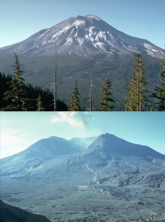 NGSSphenomena's tweet photo. Mount St. Helens photographed from the same spot, one day before, and four months after erupting. It erupted on May 18, 1980. The volcano, located in southwestern Washington, used to be a beautiful symmetrical cone about 9,600 feet (3,000 meters) above sea level. #ngss #ngsschat https://t.co/1kGi7j8HEs