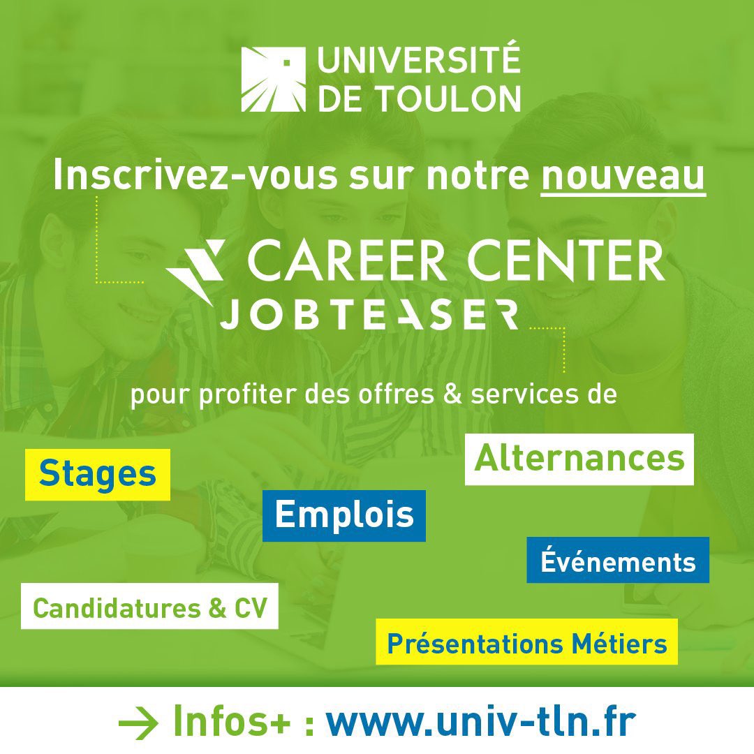 📌 L'#univtoulon, en partenariat avec JobTeaser, met à votre disposition son nouveau Career Center pour faciliter votre insertion professionnelle !
☑️ Il s'agit d'une plateforme d'annonces stages &amp; jobs, aux multiples options.   
univ-tlm.jobteaser.com
#job #stage #emploi