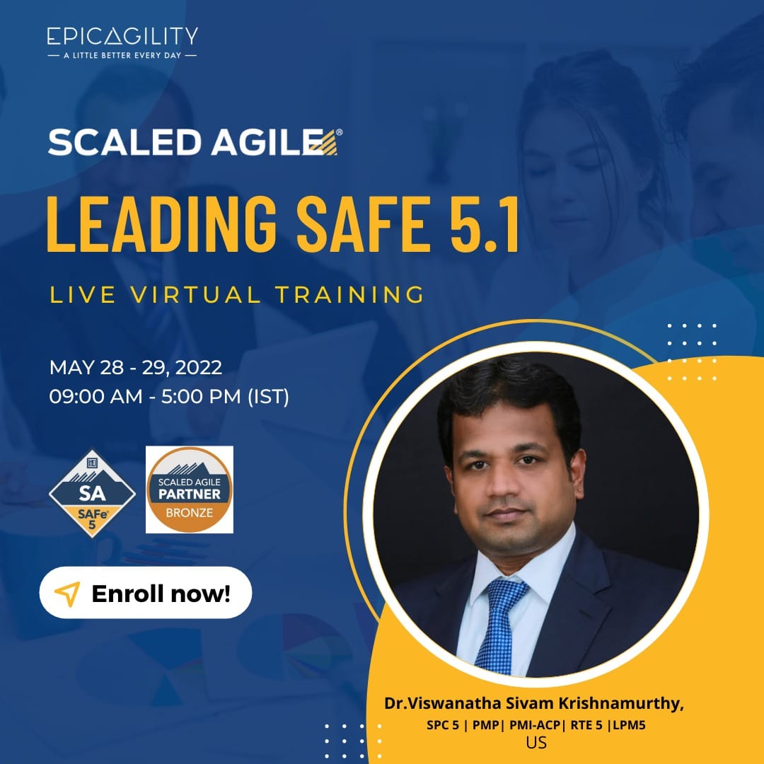 epicagilityin's tweet photo. Define how to balance strategy, team, &amp; software delivery for large-scale agile transformation by  attending our Leading SAFe® training with Dr.Viswanatha Sivam Krishnamurthy on 28-29 May.                                              
#safe #scaledagile #agilecoach https://t.co/DWEJaGcKvZ