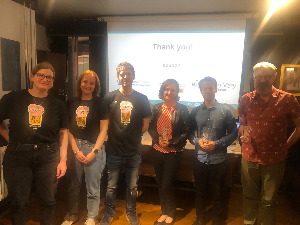 CRepsch's tweet photo. What a week! A big, big thank you to our lovely speakers @DrElenaDoldor , @kfungkk and @Rob_Briner who made the 10th #pint22 Pint of Science very special! @sbmqmul @QMUL_HSS @LoicRolas @pintofscience https://t.co/bBGn5ZsKCG
