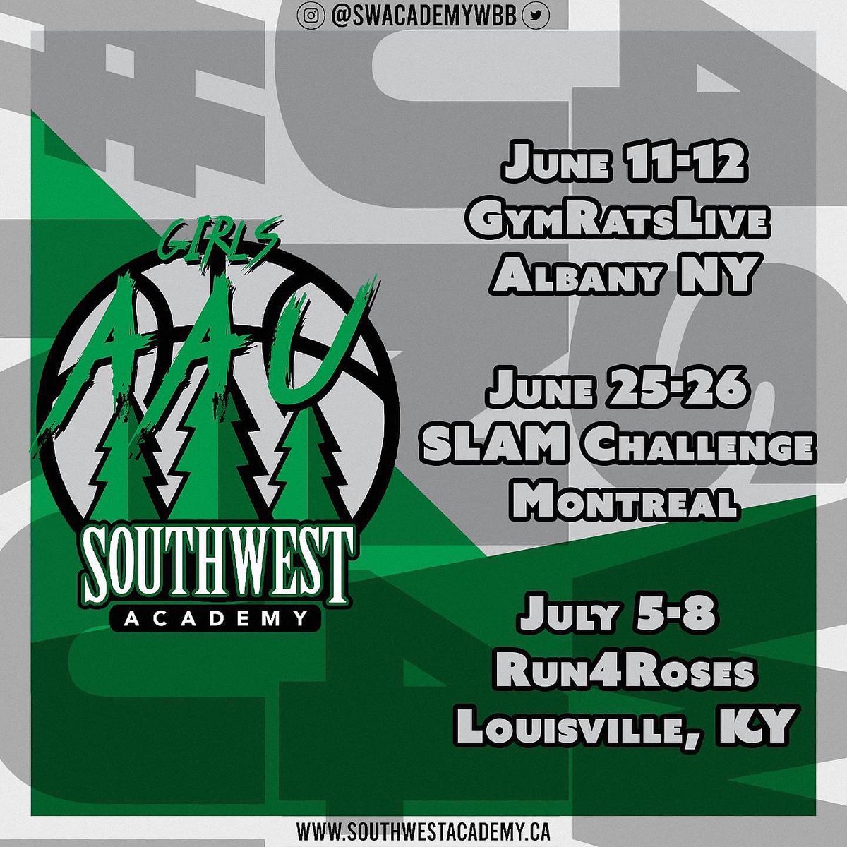 swacademywbb's tweet photo. We are thrilled to welcome and introduce our two U17 🌲🌲🌲AAU rosters who will be competing in GymRats Live in Albany NY June 11-12. SLAM in Montreal June 25-26 and Run 4 Roses in Louisville Kentucky July 5-8 #RUN4SW https://t.co/5cMGe7k29y