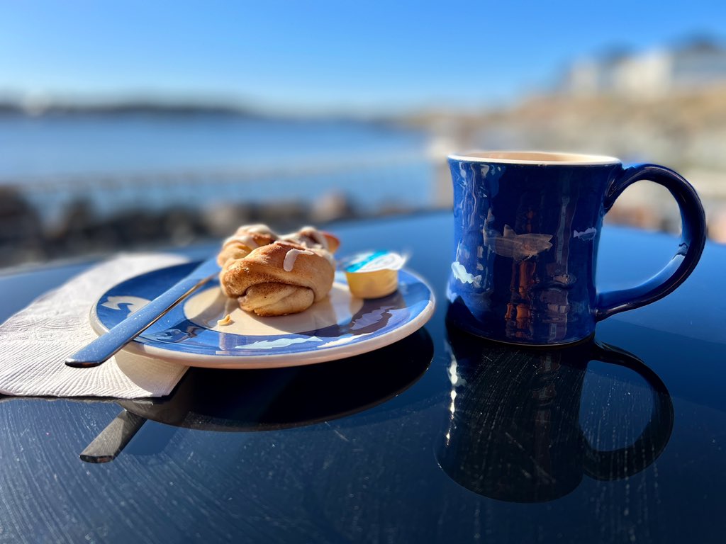 taloeffler's tweet photo. After catching the sunrise and my morning hike, it was time to refuel at the Blue Barrel Cafe with this beauty view from the deck. The lovely mug and plate were made here in #Twillingate by @cupstudiosnl and all the blues together have started my day off right fine nice! https://t.co/ELQ5rdiqAW