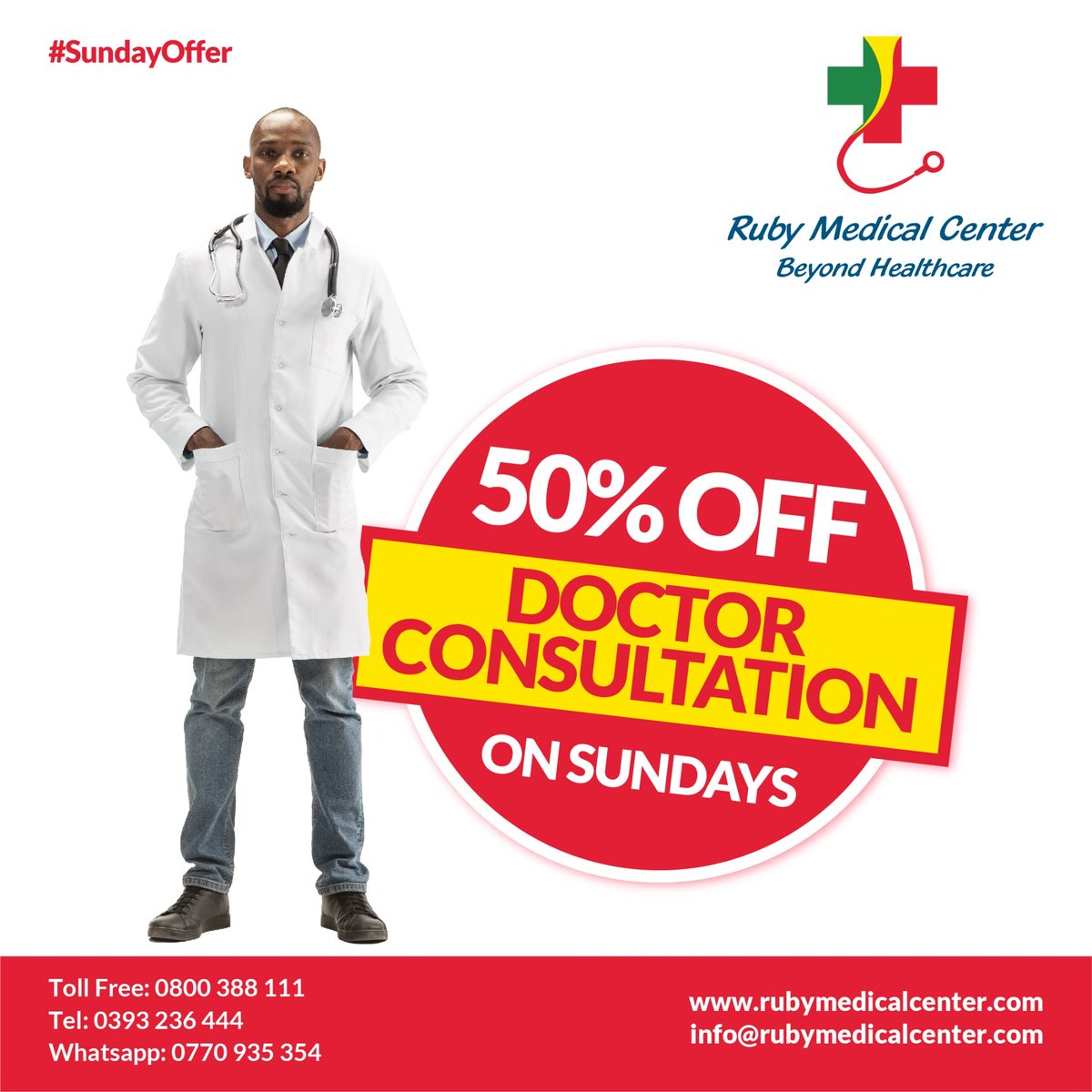 RubyhospitalUg's tweet photo. From this Sunday, 15th May, 2022 onwards, every Sunday receive 50% discount for Doctor (GP) Consultations at Ruby Medical Center. Book an appointment or simply come to the hospital and experience our hospitality and service.
#RubyMedicalCenter
#BeyondHealthCare
#Sundayoffer https://t.co/cn6TDTbDv0