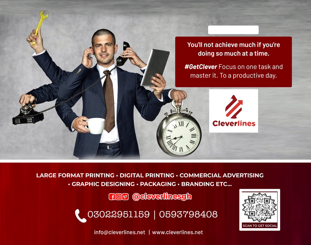 CleverLines3's tweet photo. You'll not achieve much if you're doing so much at a time. Focus on one task and master it. To a productive day.
Become a #Cleverlines partner today and enjoy quality printing at crazy prices.
Call our hotline now on 054 883 5745.

Bongo
Prophet
Snapchat https://t.co/QiSIPFbrRC