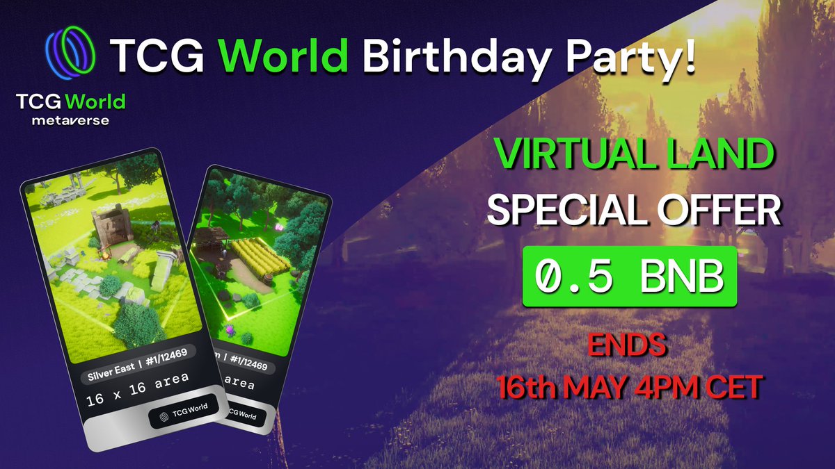 🎉🎉#TCGBirthday Special Offer 

You have 3 days left to Get in Get on 🎶 our #virtualland special offer! Silver Plots on Presale at 50% discount until Monday! ONLY 0.5 #BNB 

Enter the #metaverse 👇
tcg.world/marketplace 

#PlayToEarn #DeFi #MetaverseNFT #NFTgaming #TCGnews