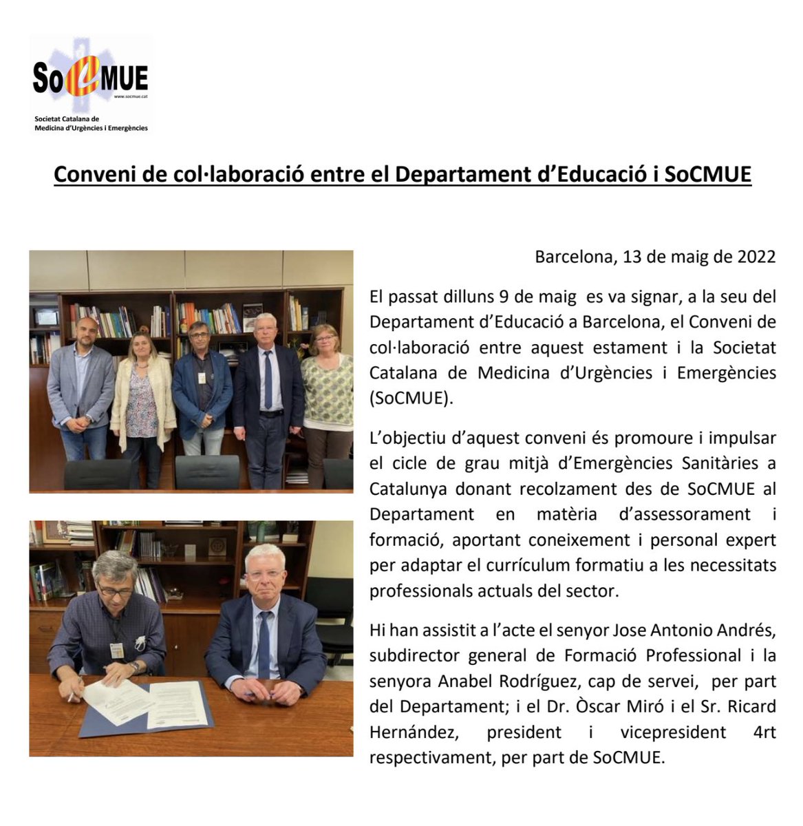 🆕 Signat el Conveni entre @socmue i  <a href="/educaciocat/">Educació</a> per a promoure i impulsar el Grau Mitjà d’Emergències Sanitàries a Catalunya 🔝🔝

➕ℹ️ socmue.cat