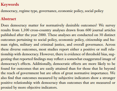 It's finally out: Our "monster-review" on effects of democracy. annualreviews.org/doi/pdf/10.114…

30 major outcome categories (growth, education, environment, fiscal policy, trade, corruption, migration, inequal., etc). All English-language journal articles since 2000 with &gt;65 countries