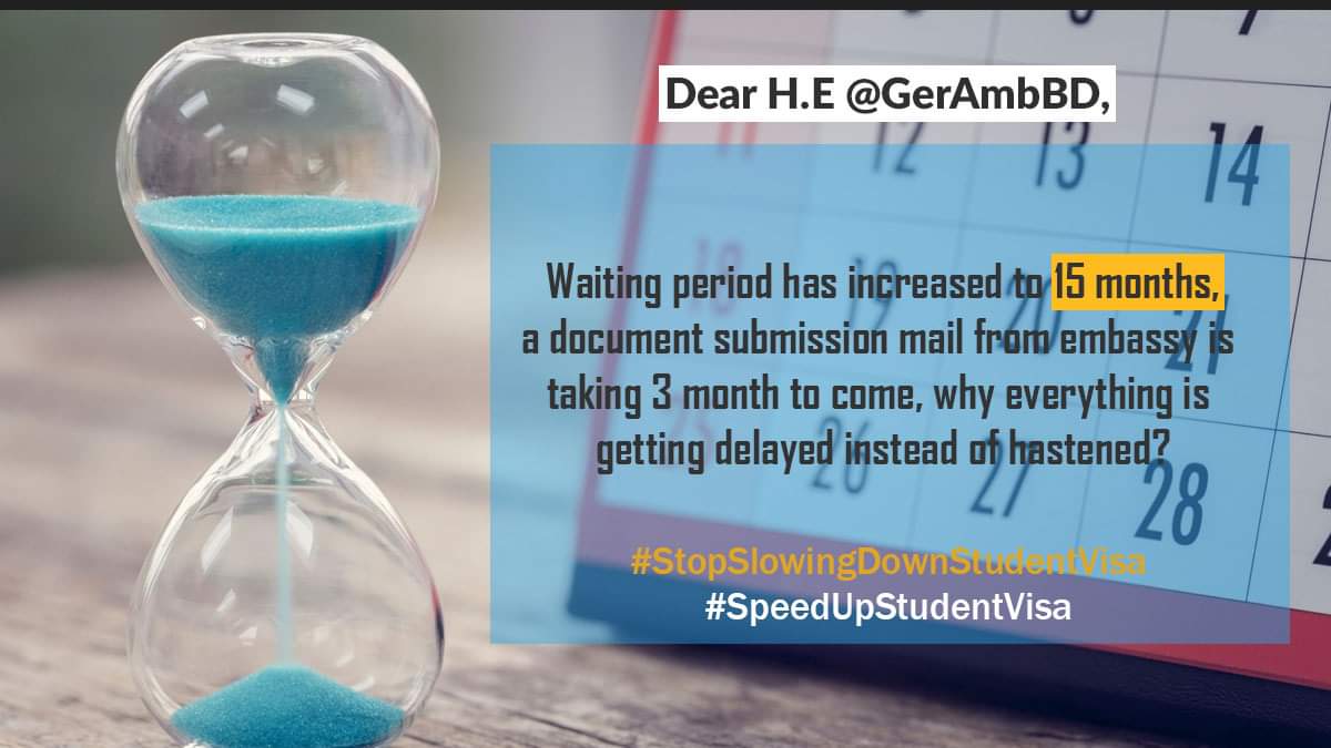 Tamanna2113's tweet photo. We were convinced with 12 months waiting period then then why the embassy is extending it now instead of shortening it! PLEASE PAY ATTENTION TO STUDENT VISA!
@GermanEmbassyBD 
@MdShahriarAlam
H.E.@GerAmbBD
@BDMOFA
@AKAbdulMomen
#SpeedUpStudentVisa
#StopSlowingDownStudentVisa https://t.co/wuTubFjiVk
