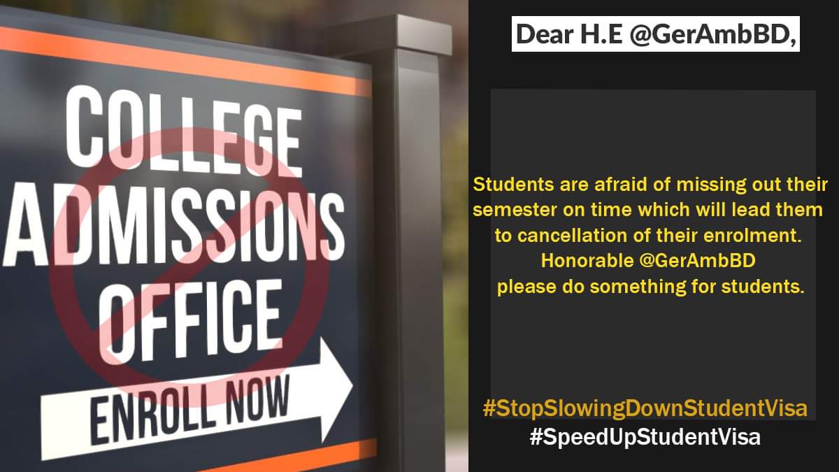 Tamanna2113's tweet photo. We were convinced with 12 months waiting period then then why the embassy is extending it now instead of shortening it! PLEASE PAY ATTENTION TO STUDENT VISA!
@GermanEmbassyBD 
@MdShahriarAlam
H.E.@GerAmbBD
@BDMOFA
@AKAbdulMomen
#SpeedUpStudentVisa
#StopSlowingDownStudentVisa https://t.co/EeoDoL6WlQ