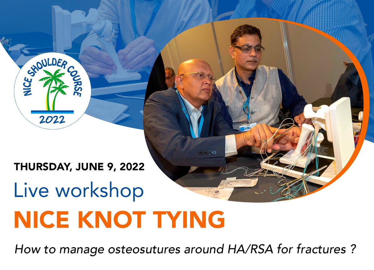 NSC_2020's tweet photo. Thursday, June 9, Live Workshop ! 
￼
Nice Knot-Tying for Fracture: surgeons will learn how to perform osteosutures with the «Nice Knot» around a hemi, a reverse arthroplasty or a nail.

Save the Date &amp; Register Now ! https://t.co/wXroFRpVqv

#nsc22 #niceshouldercourse https://t.co/lRXg3UQjRt