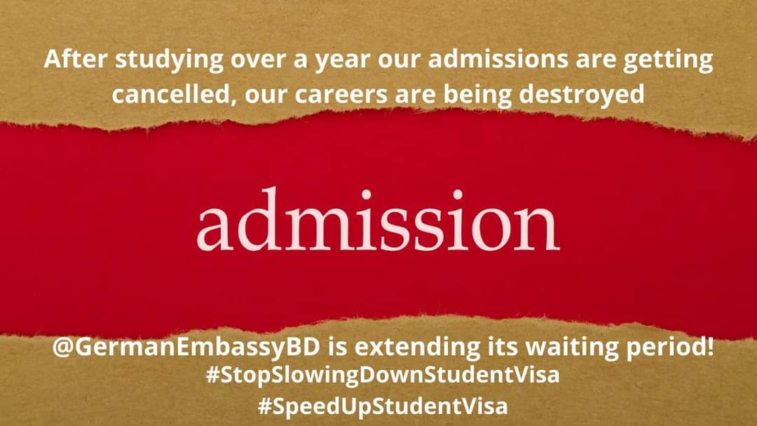 Tamanna2113's tweet photo. We were convinced with 12 months waiting period then then why the embassy is extending it now instead of shortening it! PLEASE PAY ATTENTION TO STUDENT VISA!
@GermanEmbassyBD 
@MdShahriarAlam
H.E.@GerAmbBD
@BDMOFA
@AKAbdulMomen
#SpeedUpStudentVisa
#StopSlowingDownStudentVisa https://t.co/R5op39ErmR