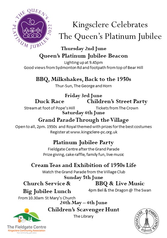 KingsclerePC's tweet photo. Wow, Kingsclere has certainly got your Jubilee Celebrations covered! 
What an amazing variety of events for everyone to enjoy over the Jubilee weekend.
Keep completely up to date on KPC's designated web page → https://t.co/69iFRgFiEp https://t.co/flYtjR9Q4e