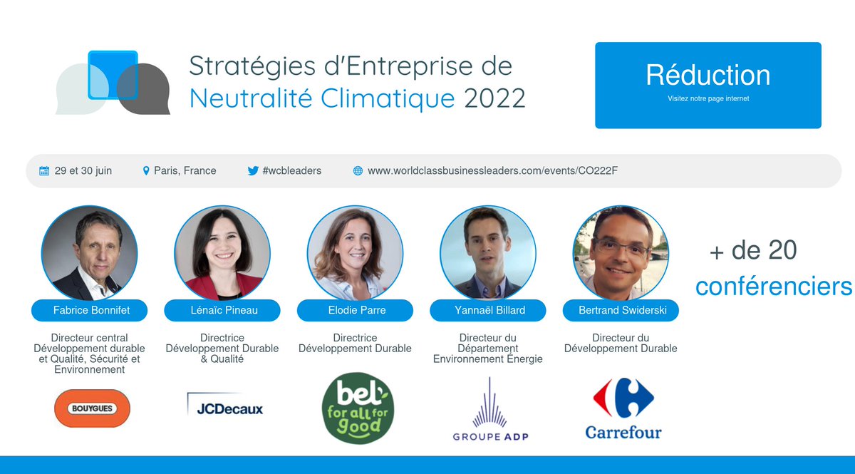 Nous sommes impatients d'accueillir de grands orateurs à la conférence Stratégies d'Entreprise de Neutralité Climatique 2022 (worldclassbusinessleaders.com/events/CO222F?…) les 29 et 30 juin à Paris.

<a href="/NicolasBeretti/">Nicolas Beretti</a> <a href="/Swiderski_B/">Swiderski Bertrand</a> <a href="/FBonnifet/">Fabrice Bonnifet</a> <a href="/PineauLenaic/">Lénaïc Pineau</a> @ElodieParre <a href="/ArnoRolland/">Arnaud Rolland</a> <a href="/helene_valade/">Hélène Valade</a>