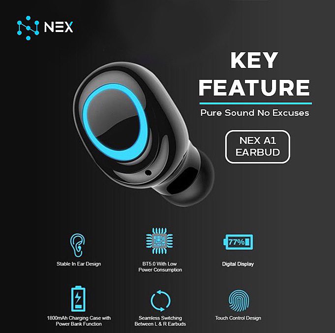 nexglobalgh's tweet photo. ☑️Stable In Ear Design
☑️Bluetooth 5.0 with Low Consumption
☑️Digital Display
☑️1800 mAh Charging Case
with Powerbank Function
☑️Seamless switching between Left & Right Earbuds
☑️Touch control design
#nexearbuds #nex #nexdevices https://t.co/fYsFqRl7mc