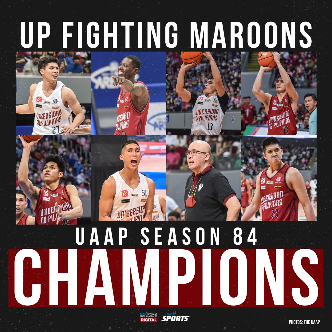 gmanews's tweet photo. NOWHERE TO GO BUT UP! 🏆

The UP Fighting Maroons are the UAAP champions for the first time since 1986 after defeating the Ateneo Blue Eagles in the winner-take-all Game 3 of the #UAAPFinals! 

Visit https://t.co/StDdnA7xE2 for other updates. https://t.co/UXpxP1qjjP
