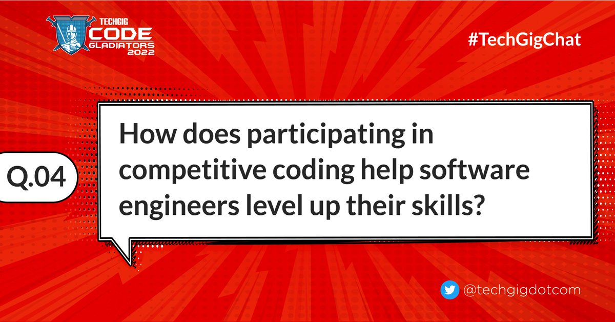 techgigdotcom's tweet photo. #TechGigChat 
The most popular question asked to #TechGig repeatedly!
Q.04. How does participating in competitive coding help software engineers level up their skills?
#TechGig #CodeGladiators #TweetChat #ComeCodeConquer 
@vicky_dceian @kartikmathur94 @sunjaygoyal @CodingBlocksIn https://t.co/3tWIzaBFwL