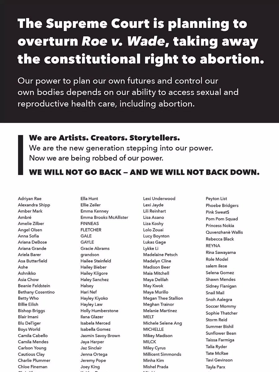 OfficialSGnews's tweet photo. Selena Gomez, Ariana Grande, Miley Cyrus, Billie Eilish and more condemned the Supreme Court's likely decision to overturn Roe v. Wade with a full-page ad in The New York Times. The ad is part of Planned Parenthood's #BansOffOurBodies campaign. https://t.co/1ozy2XqAmj