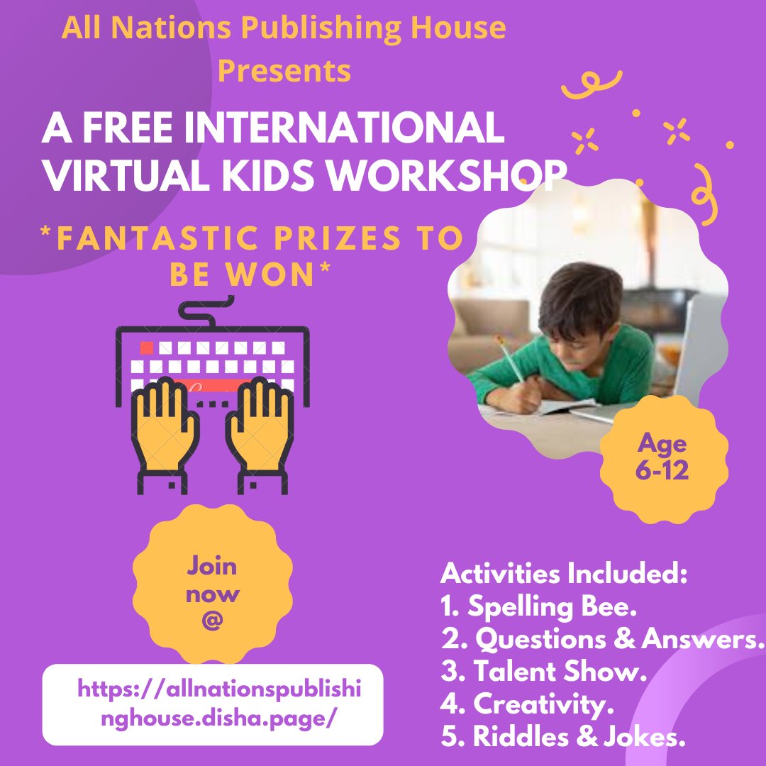 FREE INTERNATIONAL VIRTUAL KIDS WORKSHOP!
Say Hi if you want your kids to participate.
It's all FREE!
Fantastic prizes to be won
#kidsdeserveit #workshop #writerslift #WritingCommunity