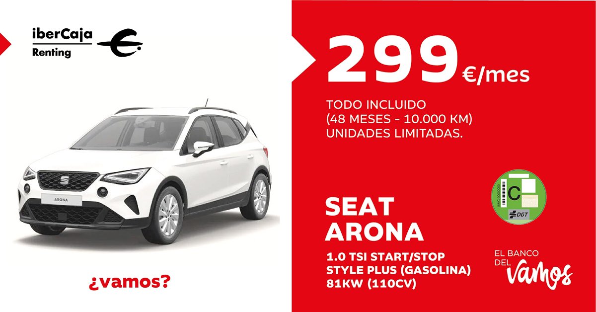 IbercajaRenting's tweet photo. ⭐️Os presentamos nuestra nueva oferta, hazte con un Renting del Seat Arona por solo 299€/Mes todo incluido. Más información en https://t.co/trjWD0Jl5b https://t.co/e4xFoGyxCv