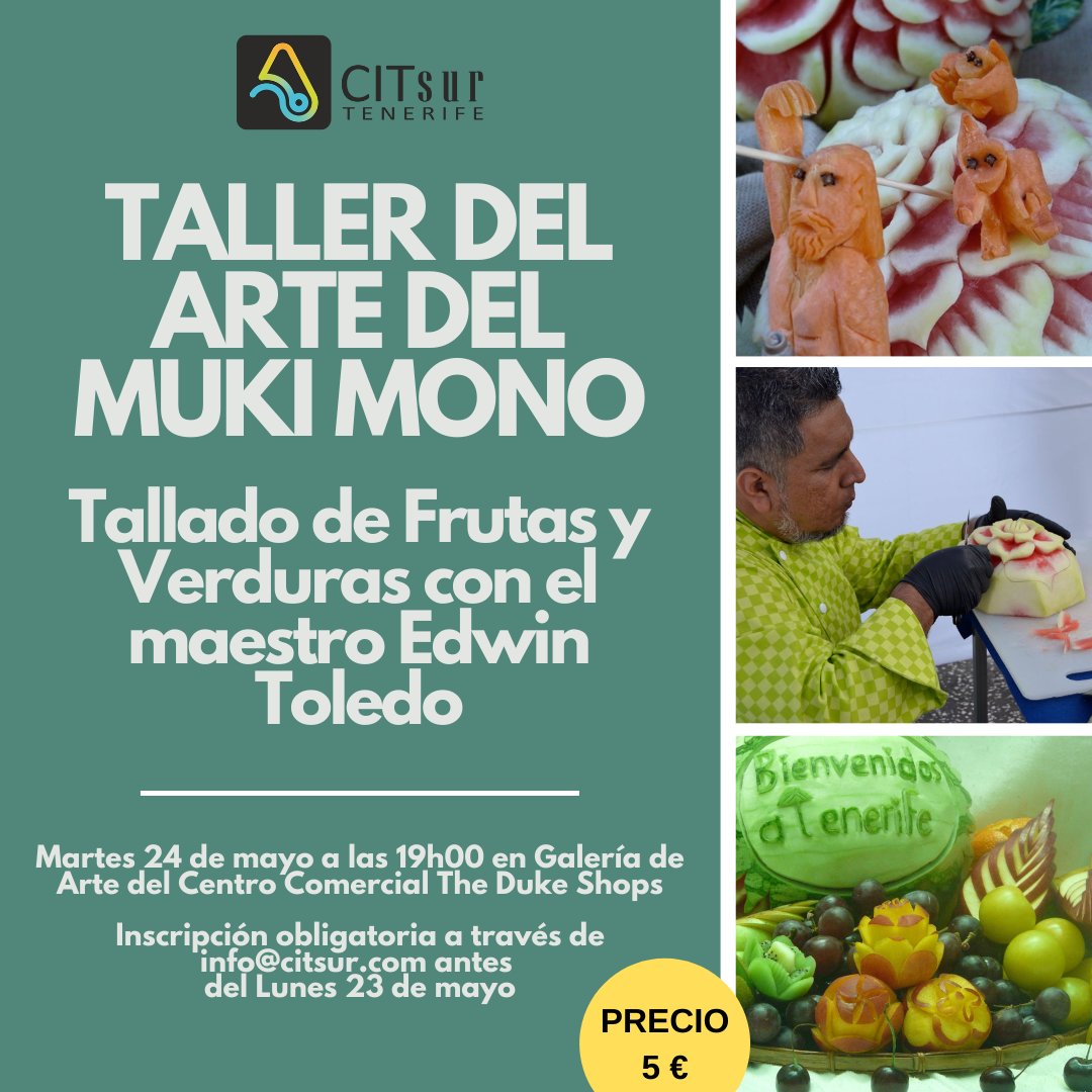 MARTES 24 DE MAYO A LAS 19H00: TALLER DEL ARTE DEL MUKI MONO
¿Sabes lo que es el arte del Muki Mono? Anímate a aprender con nosotros. 
Plazas limitadas.
Socios del CIT Sur: Actividad Gratuita
Precio: 5 € / persona
Reserva ya tu plaza, enviándonos un email a info@citsur.com