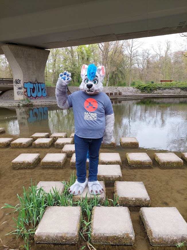 Smile and wave... Just smile and wave.
Happy #FursuitFriday everyone!

🧵: @SchneeCreations 
📷: @RRairyuu 

#Furry #Fursuit #FurryFandom #Outdoor #AWalkInThePark #WhatABeautifulDay