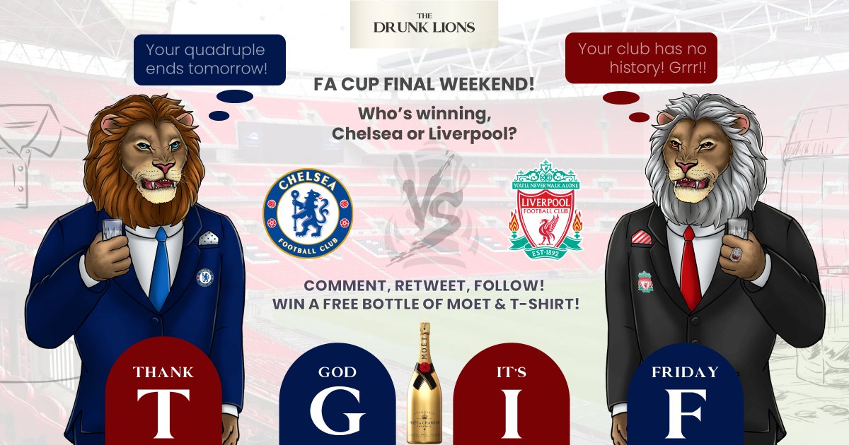 thedrunklions's tweet photo. Who will win the #FACupFinal @LFC or @ChelseaFC? Comment, Retweet &amp; Follow by 3pm tomorrow to enter @TheDrunkLions #Competition

#FACup #CHELIV #LIVCHE #EmiratesFACup #LFC #Liverpool #YNWA #Liverpoolfc #ChelseaFC #Chelsea #CFC #FreebieFriday #WembleyStadium @LivEchoLFC @talkSPORT https://t.co/Nws0Q7RLTp