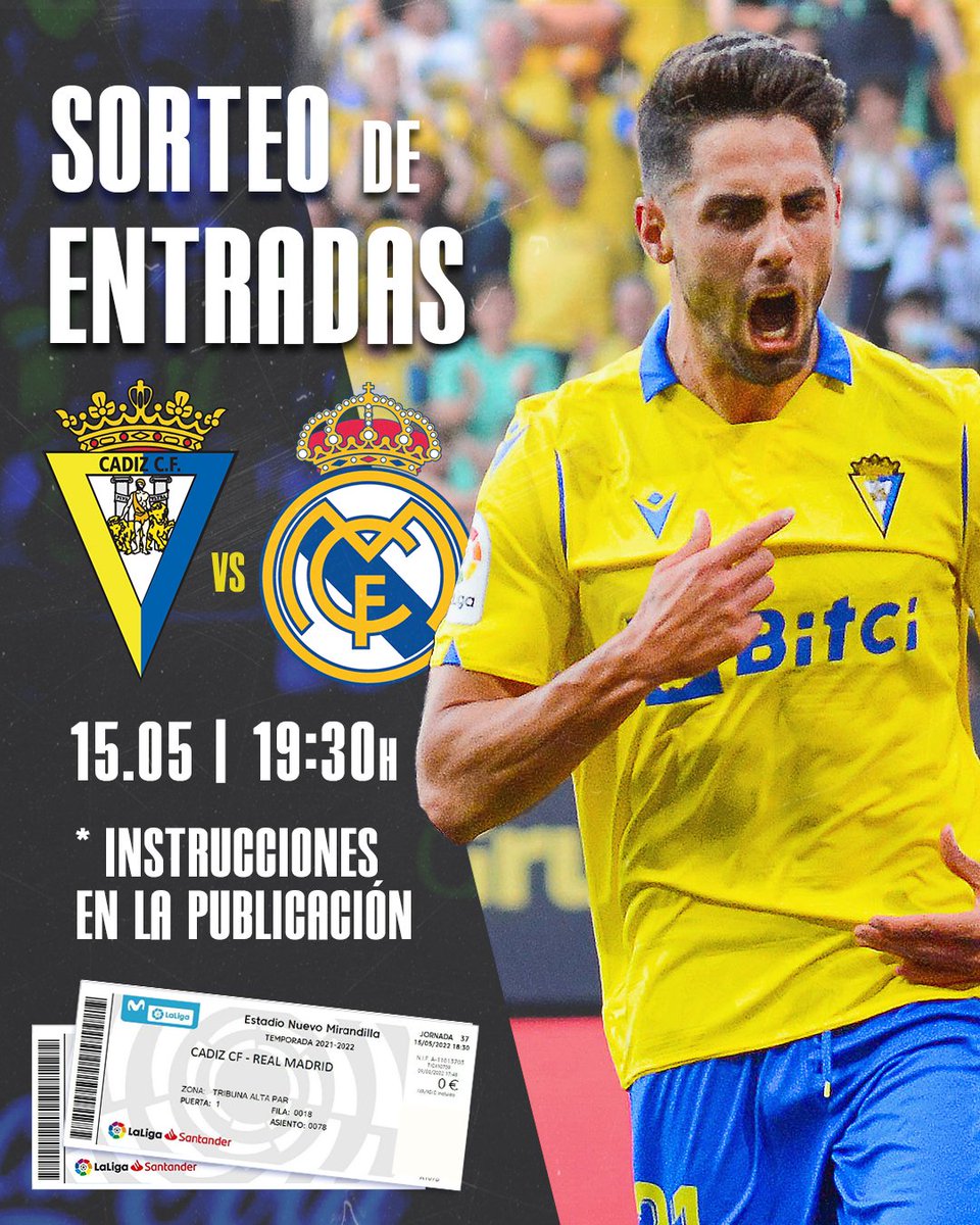 💛💙 ¡GRAN SORTEO CADISTA!

¿Quieres venir GRATIS al #CádizRealMadrid de este domingo (19:30 horas) con la persona que elijas?

1⃣ Da RT y MG a este tuit
2⃣ Sigue a <a href="/Cadiz_CF/">Cádiz Club de Fútbol</a> y <a href="/Cadiz_CFCantera/">Cádiz CF Mirandilla - Cantera Cádiz CF</a> 
3⃣ Menciona a la persona con la que quieras venir

¡¡¡Mucha suerte!!! 💪