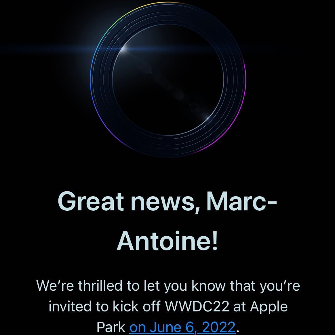 MarcLabergeML's tweet photo. I don't have the words to describe how happy I am. 
I have been watching Apple's WWDC religiously for more than 10 years. It's a childhood dream that come true today. 
#WWDC22 #ApplePark https://t.co/cvDwBTF2sD