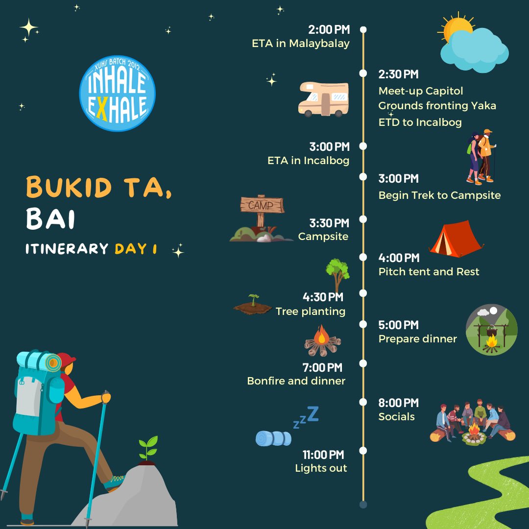 xuhs2012's tweet photo. Andito na tayo sa pinaka exciting part — Day 1 and 2 Itinerary of #BukidTaBai — Trekking and Tree Planting activity ‼️📣

Sa mga gusto pa mu-apas, register na: https://t.co/6PPbdblaBr ✨🍃

Limited slots only!

#XUHS2012 #InhaleExhale https://t.co/7ef2wdpFDz