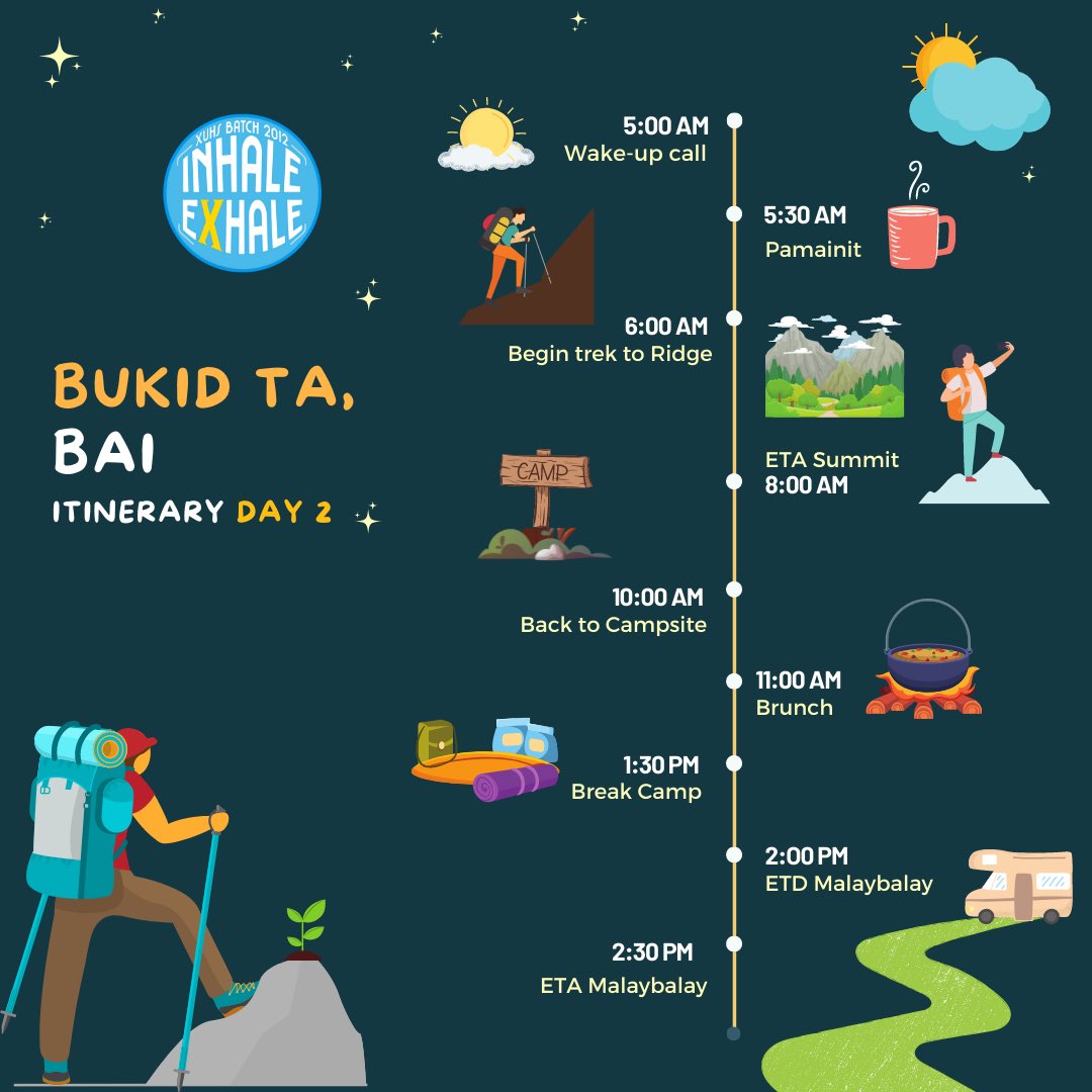 xuhs2012's tweet photo. Andito na tayo sa pinaka exciting part — Day 1 and 2 Itinerary of #BukidTaBai — Trekking and Tree Planting activity ‼️📣

Sa mga gusto pa mu-apas, register na: https://t.co/6PPbdblaBr ✨🍃

Limited slots only!

#XUHS2012 #InhaleExhale https://t.co/7ef2wdpFDz