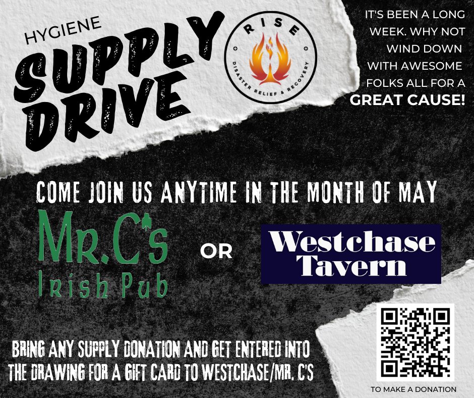 RiseRelief's tweet photo. Scan the code to donate to the Houston Supply Drive. #riseteam.org #RISEteam #supplydrive #HoustonStrong #MrCs #WestchaseTavern https://t.co/S5UTxhRFT7