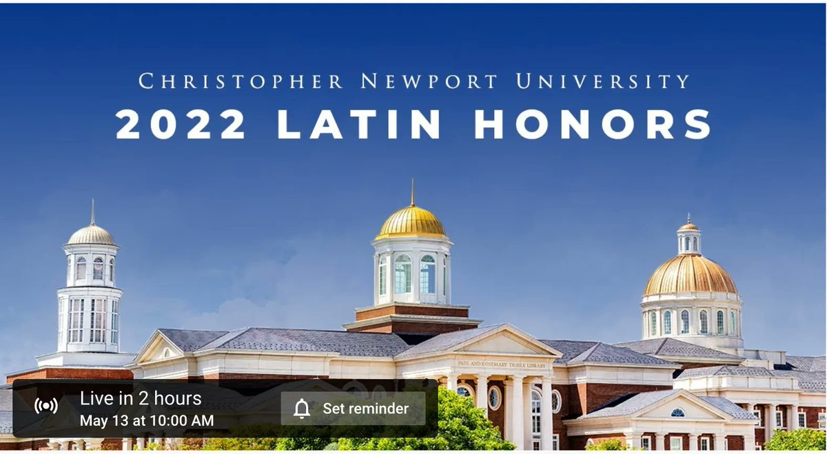 CNUcaptains's tweet photo. We are live-streaming this morning's Latin Honors event on our YouTube channel at 10 a.m.: https://t.co/35cU2X7yZz. The ceremony recognizes graduating seniors for high academic achievement and celebrates faculty promotions and other achievements. Join us!
#CNU22 #CaptainForLife https://t.co/0SrGbr2qfJ