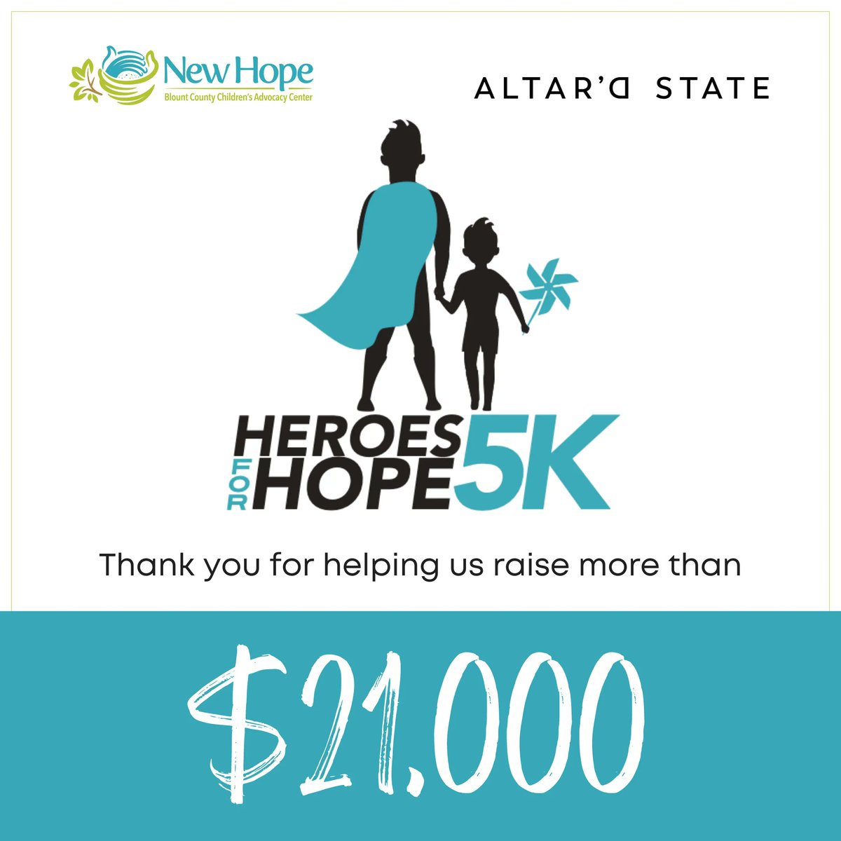 NewHopeCAC's tweet photo. Thank you, HEROES, for helping us raise more than $21,000 during our Heroes for Hope 5K presented by Altar'd State. It is because of your generosity that we are able to continue pursuing our mission. Thank you! 🦸🏻‍♀️ https://t.co/OJjbYevr4v