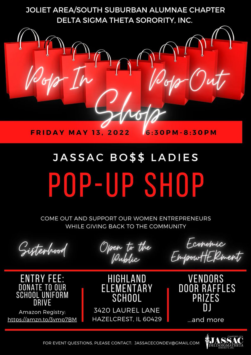 JOIN US TONIGHT!
COME OUT AND SUPPORT JASSAC's ENTREPRENEURS WHILE GIVING BACK TO THE COMMUNITY
Suggested Entry fee: Donate to our school uniform drive--Amazon Registry:  buff.ly/38YcaXi
For event questions, contact:  jassacecondev@gmail.com
#JASSAC  #JASSACBO$$Ladies