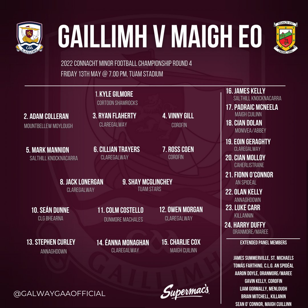 Galway_GAA's tweet photo. 🔈 Team News 🔈
GAILLIMH v MAIGH EO
✅ Connacht Minor Football Championship
📆 Friday 13th May
📍 Tuam Stadium
🕑 7 PM
🎟️ https://t.co/1s1IXN0Bjw
📺 Live Stream
https://t.co/EoDN5kLvNf
📻 Live Commentary #GBFM
https://t.co/yJ8q05XF8b https://t.co/nfbuM1ffR6