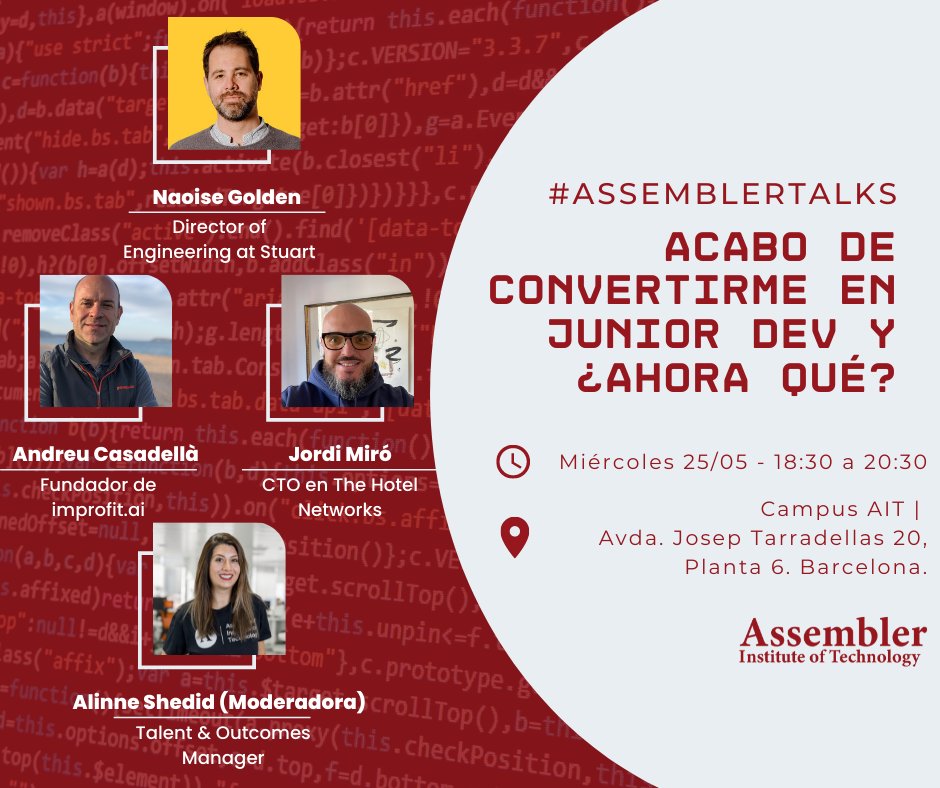 assemblerinstit's tweet image. ¡Apúntate a #AssemblerTalks y los retos actuales para #developers!

Con referentes del sector:
🤖 @naoisegolden de @Stuart_Delivery 
🤖 @andreucasadella de #improfit.ai
🤖 @jordimirobruix de @thehotelsnet

📆 Miércoles 25/05 a las 18:30 
Más info ➡️ bit.ly/3sxp3ib