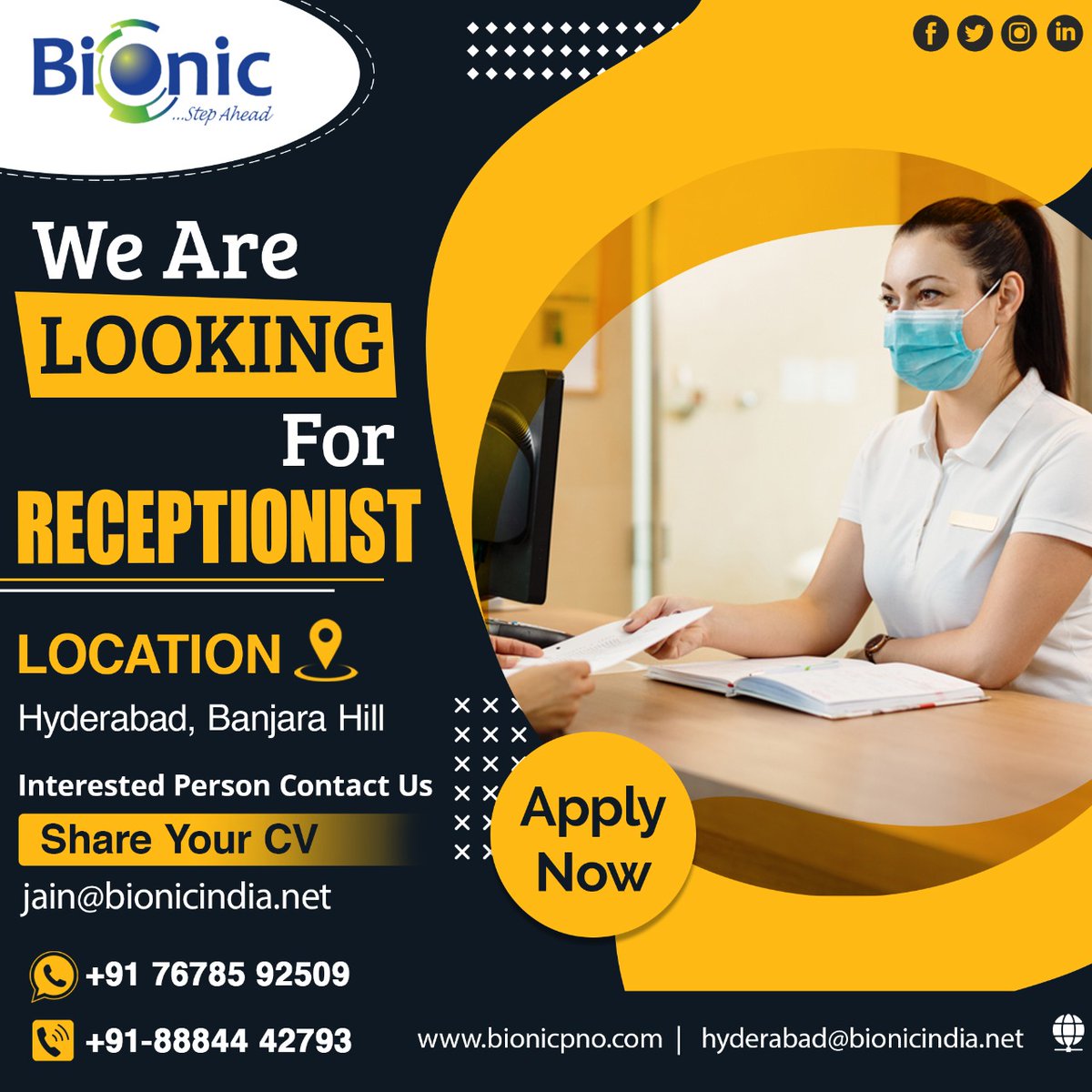BionicOrthotics's tweet image. We are looking for Receptionist for Hyderabad, Banjara Hill location.

Bionic Prosthetics&amp;amp; Orthotics India Pvt Ltd

For More Information Contact Us.
#receptionist #hiring #career #vacancy #vacancyalert #jobalert #recruitment #talentacquisition #immediatehiring #applynow #vacany